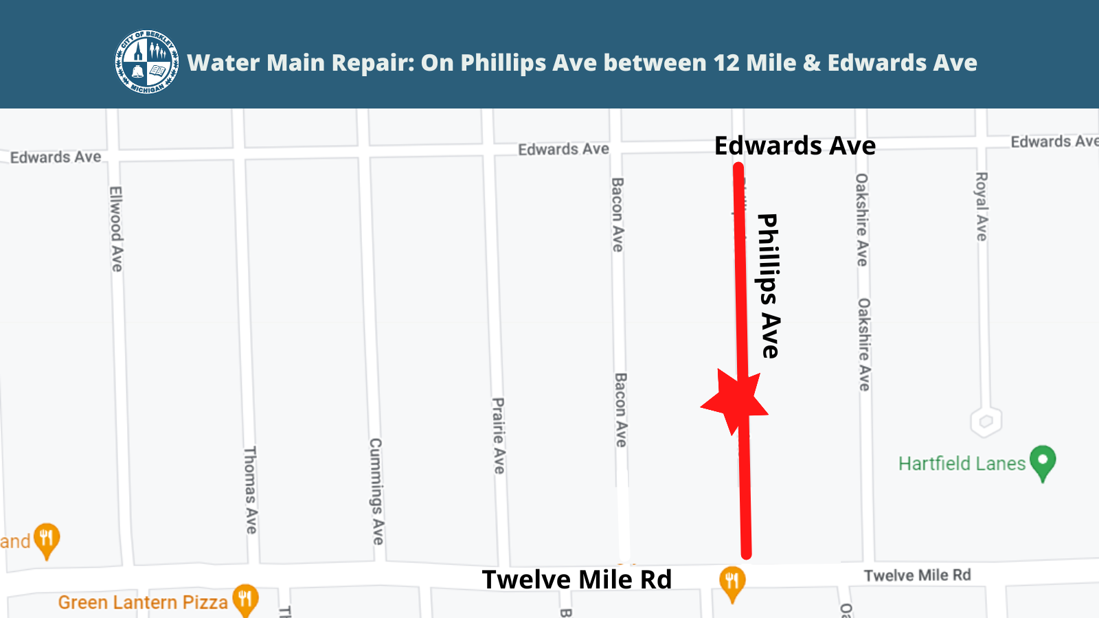Water Main Break Map_On Phillips btwn Edwards and 12 Mile